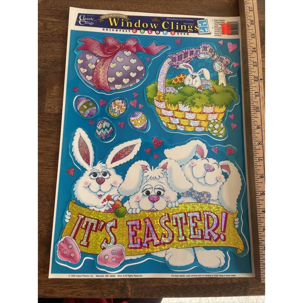 3 Vintage Easter Vinyl Window Clings Holographic Stained Glass Bunny Holiday
